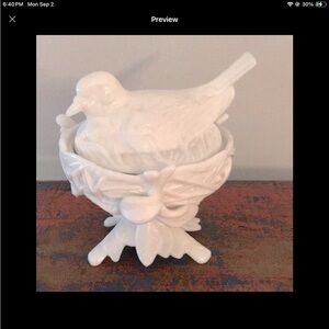 Vintage milk glass bird in nest candy dish